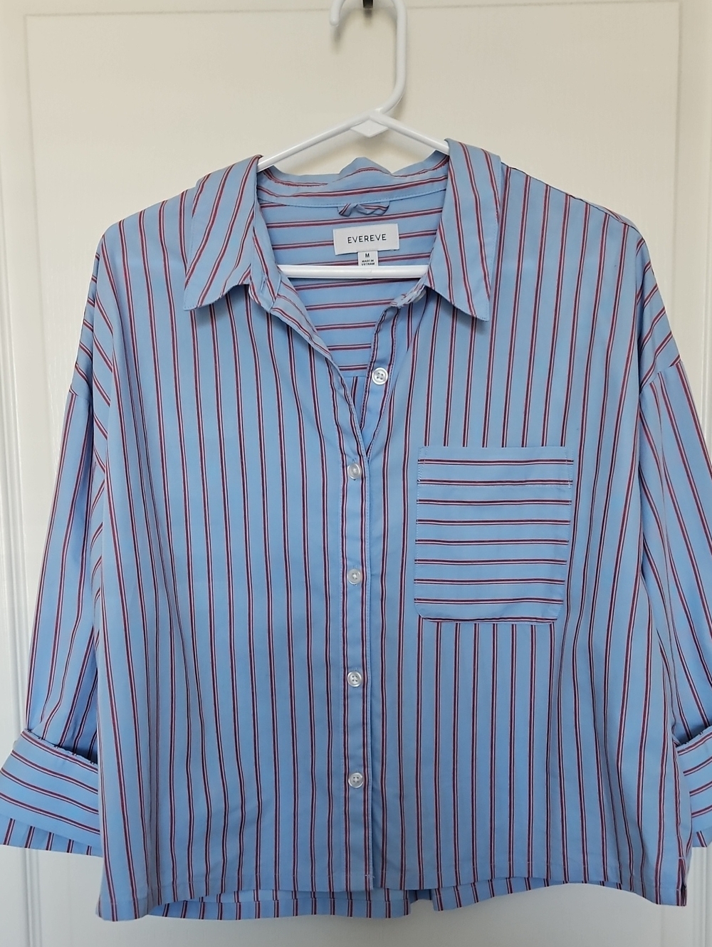 Evereve Light Blue Shirt with Navy and Burgundy Stripes, Medium